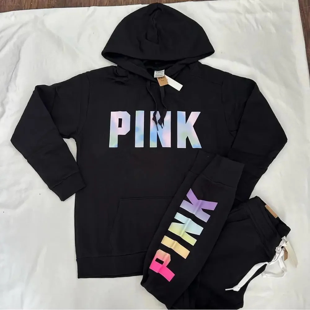 Victoria's Secret PINK Black Hoodie & Joggers with Iridescent Rainbow Logo